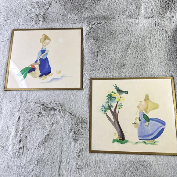 Vintage Josette Boland Framed Prints Dutch Children Chores Bird in Tree MCM - Picture 4 of 11
